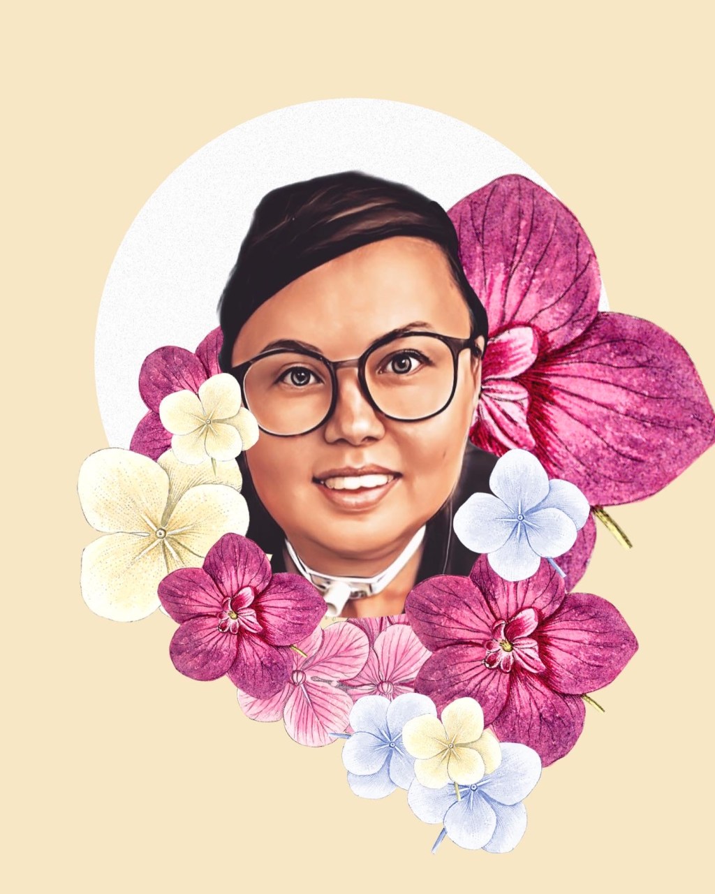 image of Stacey Park Milbern, mixed Korean/ white short haired femme with glasses, surrouned by pink and white flowers